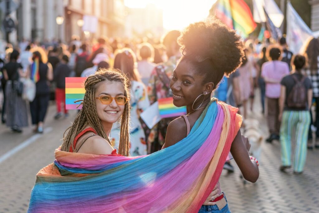 Two women walk in a Pride parade. They are smiling back at the camera and wearing a rainbow shawl.