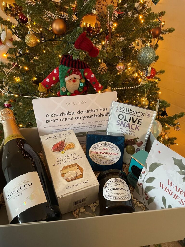 a picture of a festive WellBox gift in front of a christmas tree 