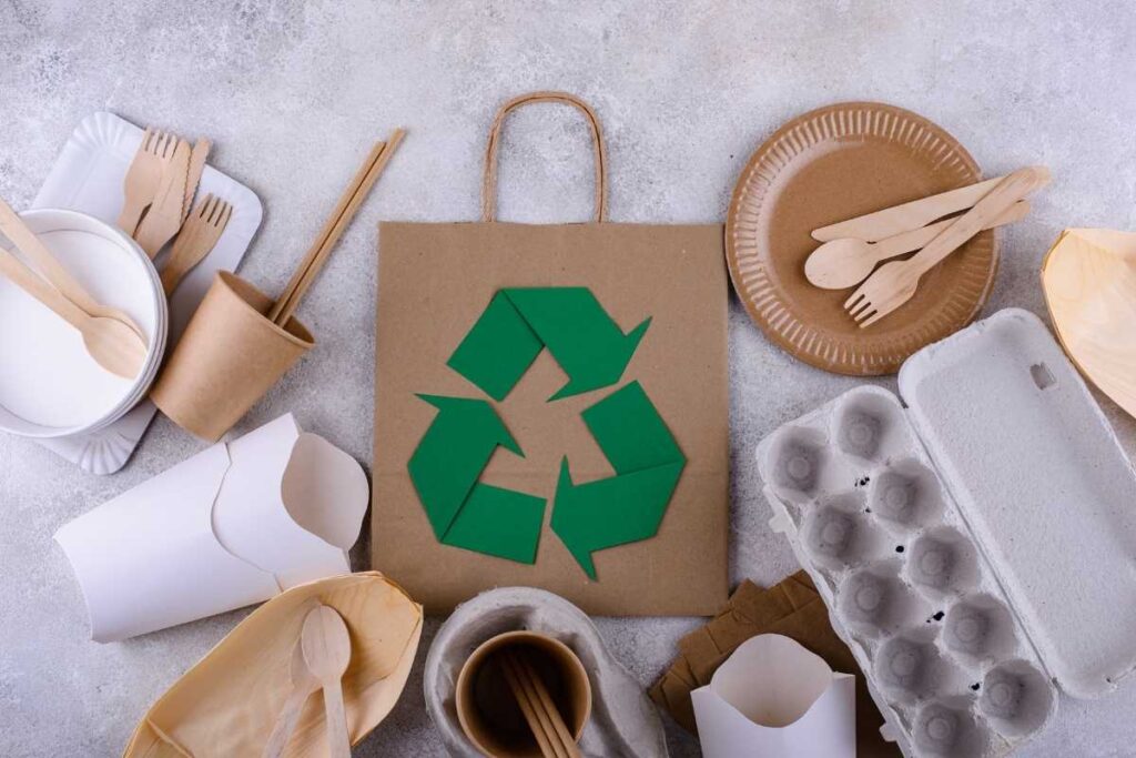 a collection of paper recyclable items including wooden cutlery, paper plates, paper bags and egg cartons. 