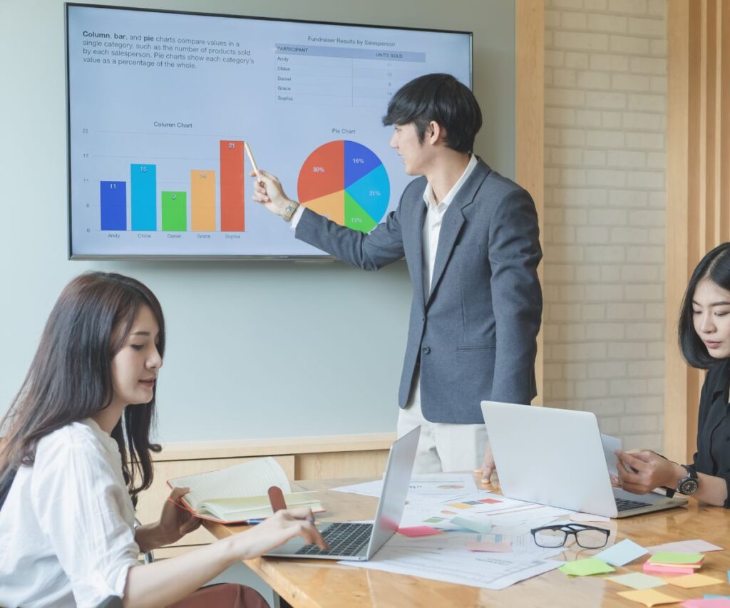 A man presents sales figures in a meeting.