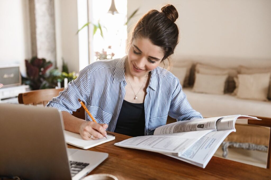 A woman studies as part of her employee development course.
