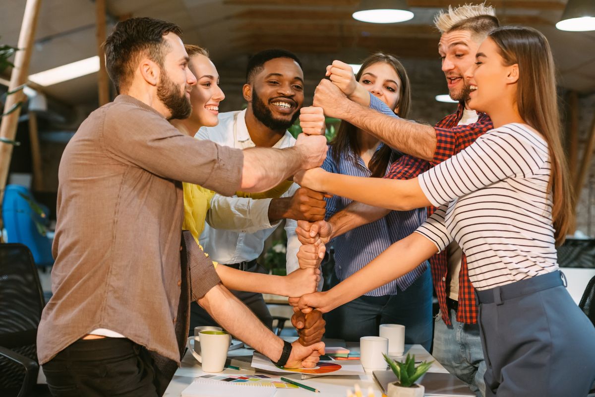 A group of employees take part in team building activities