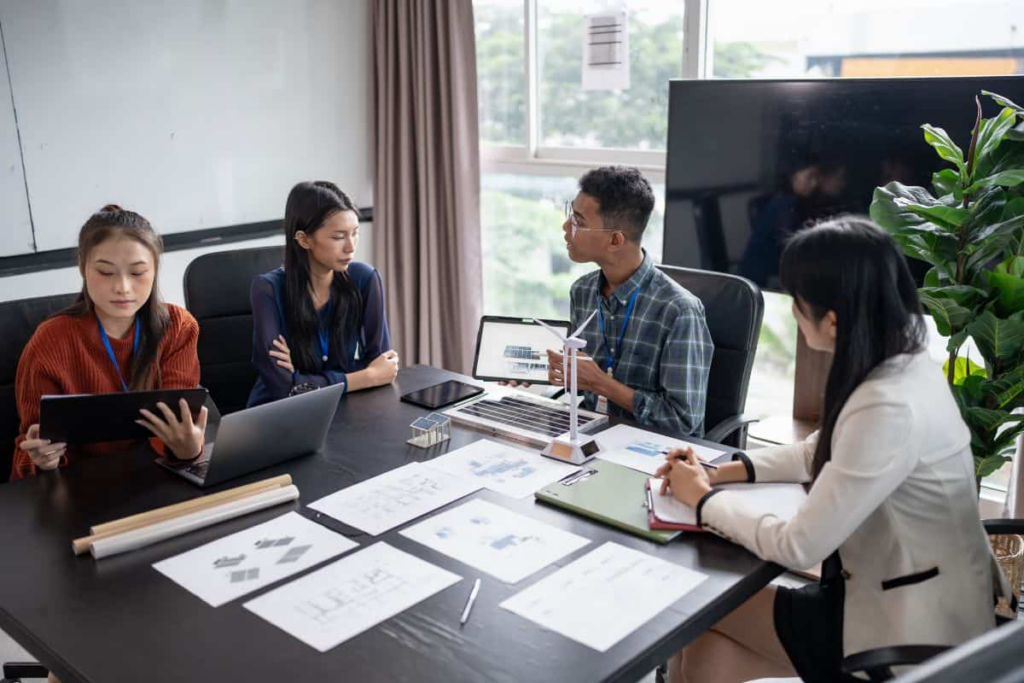 a team work together in a sustainable company